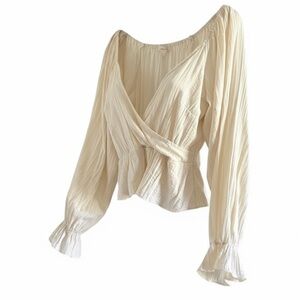 Grade&Gather Euro Summer Cream Elastic V-Neck Dolman Ruffle Long Sleeve Wrap Top